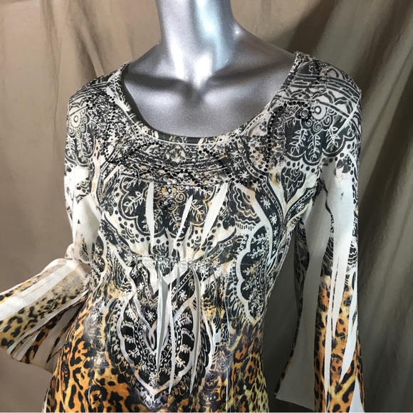 Bleu Womens Small Top Animal Print Flowy Y2K Colorful Stretch Knit Tunic Mandala - Picture 12 of 16